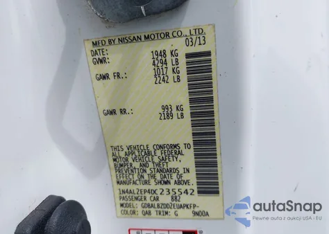 2013 Nissan Altima 2.5 S z USA, uszkodzony, nr VIN 1N4AL2EP4DC235542